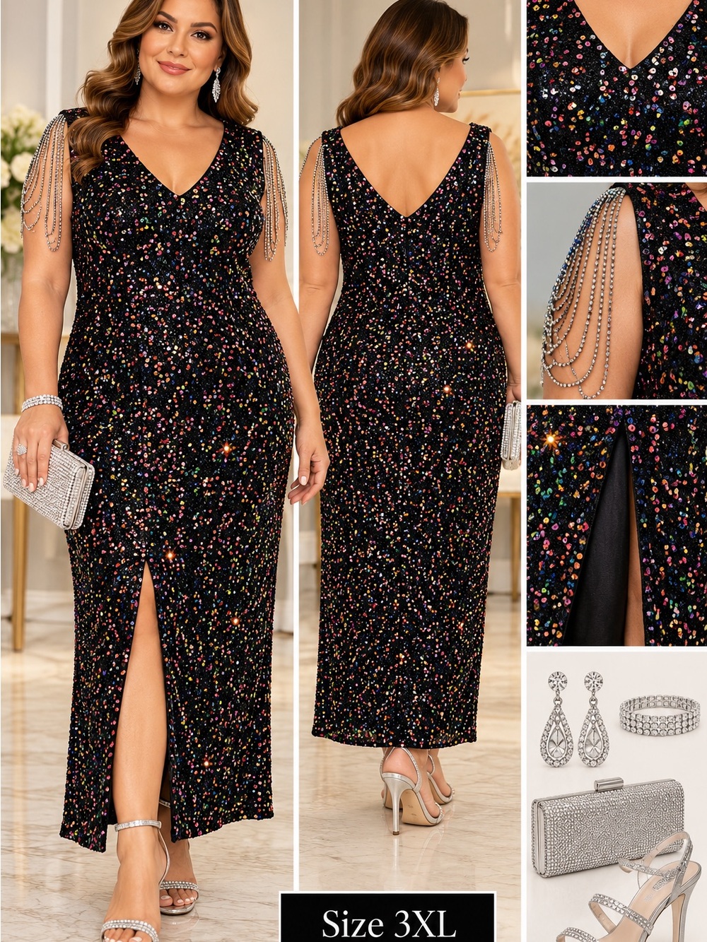 Cololura Sequin One Shoulder Formal Maxi Gown Slit Dress 3xl
